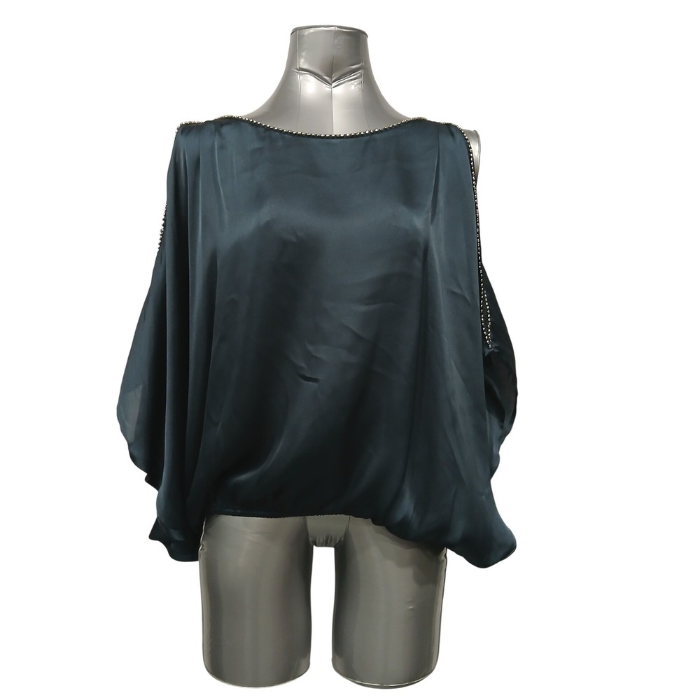 Bebe 2010s‎ Teal Green Satin Open Shoulder Rhinestone Trim Bubble Hem Blouse XS